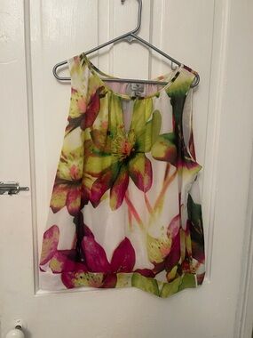 W by Worth White Floral Keyhole top with Green & Pink Accents